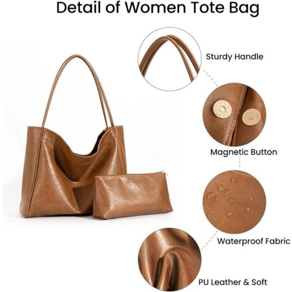 Brown Tote Bag for Women 2 Pcs Large Casual PU Weekender Bag Soft Vegan Leather - Picture 4 of 6